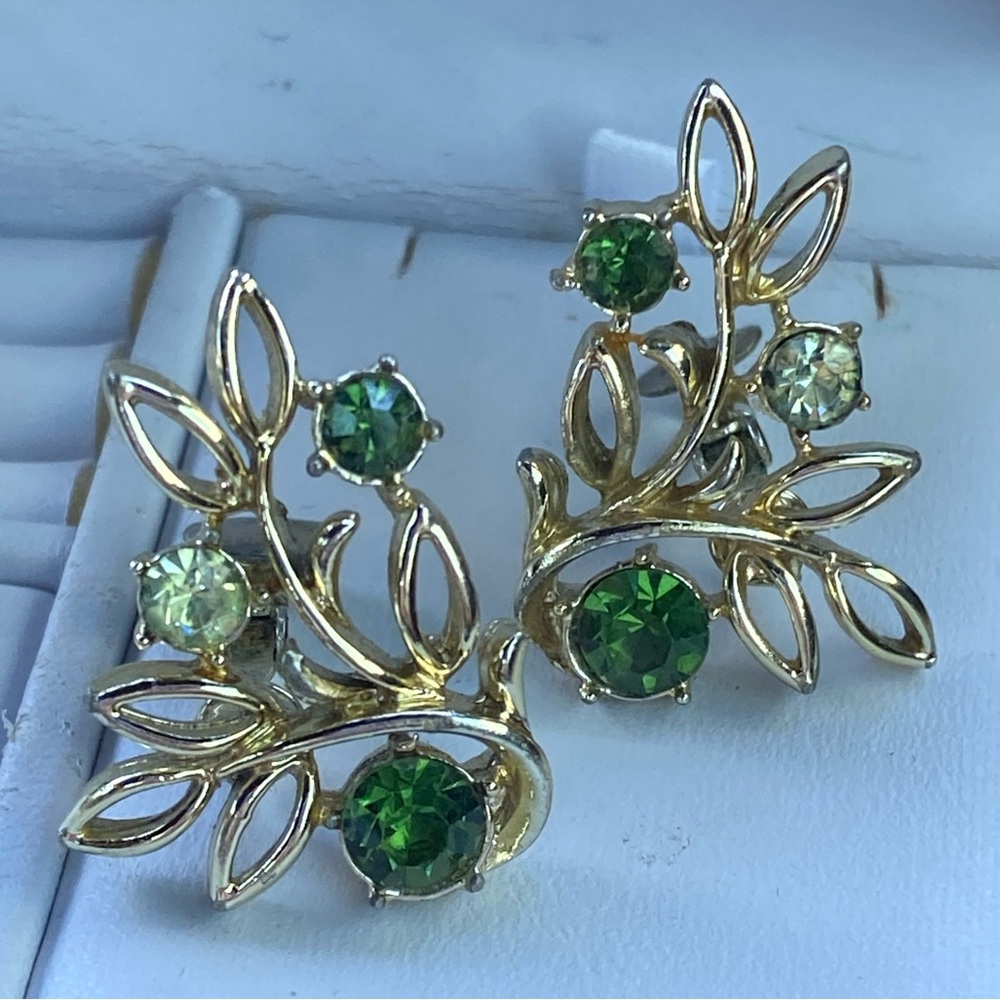 Coro Vintage Gold Earrings with Green Accents